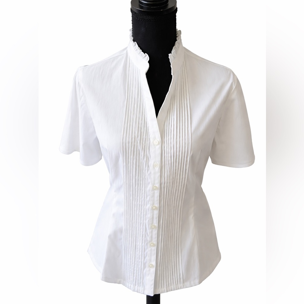 Vintage Aria White Pintuck Ruffle Mock Neck Short Sleeve Blouse M